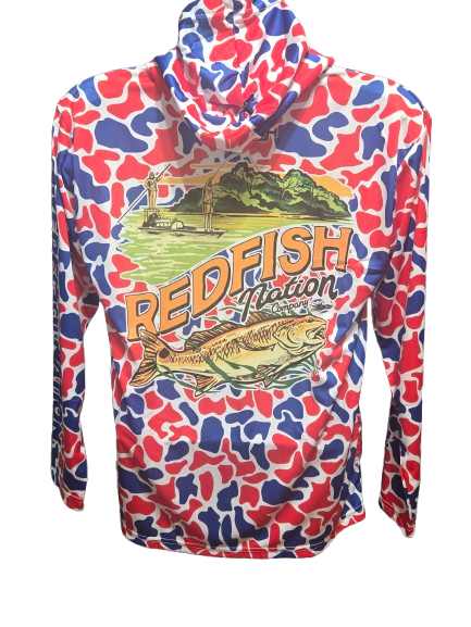 Redfish Nation Performance Redfish Shirt Original Camo Lime Red/White/Blue