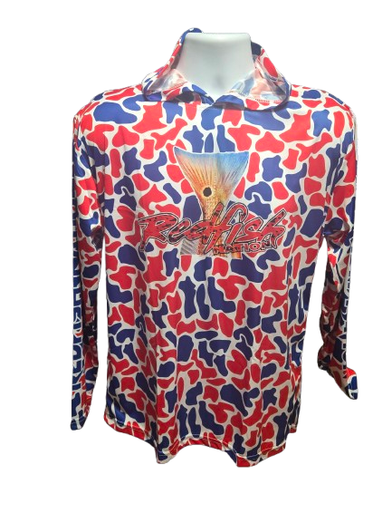 Redfish Nation Performance Redfish Shirt Original Camo Lime Red/White/Blue