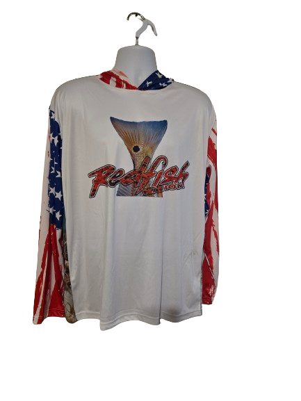 Redfish Nation Performance Long Sleeve Shirt Hooded US Flag Red