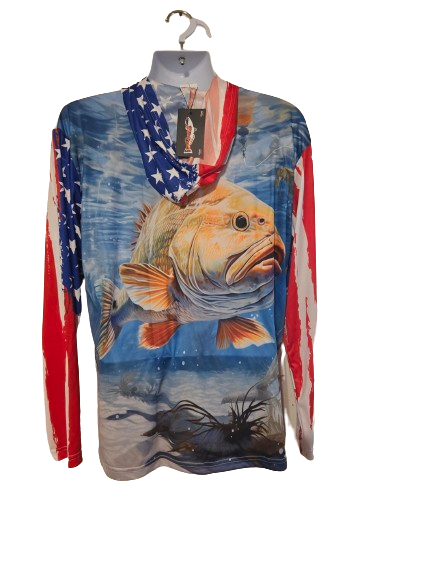 Redfish Nation Performance Long Sleeve Shirt Hooded US Flag Red