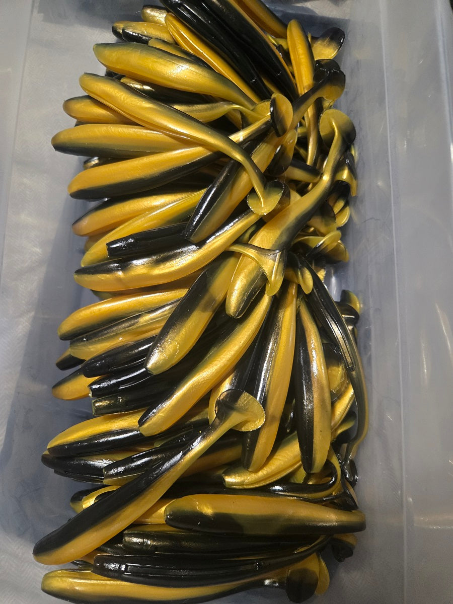 Soft Plastic Paddle Tail Lures 4 3/4"  -  Slim Shady - Black / Gold