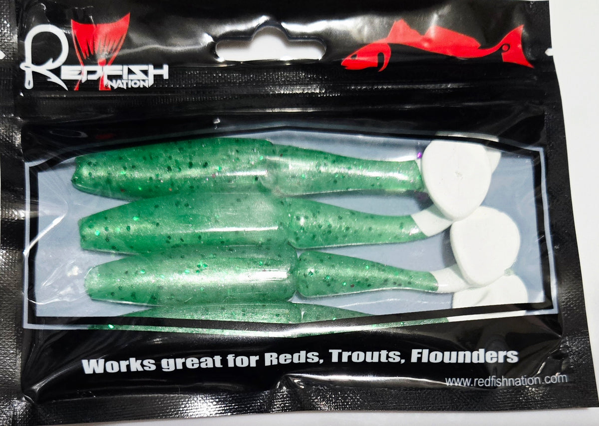 Redfish Nation 4" Split Body Paddle Tail Soft Plastic Lure - Green White Tail