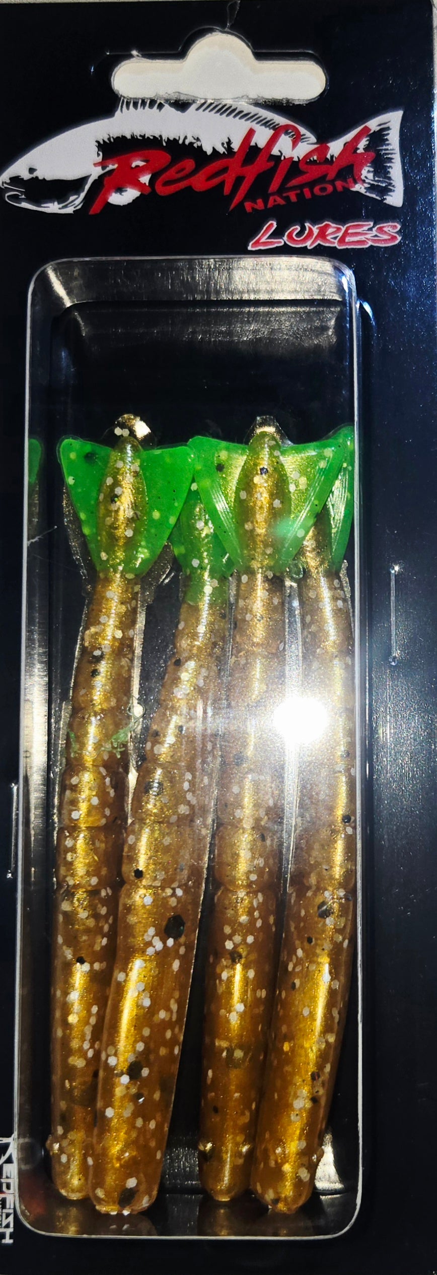 Redfish Nation 4" Shrimp Tail Soft Plastic Lure - POX - Gold - Green Tail