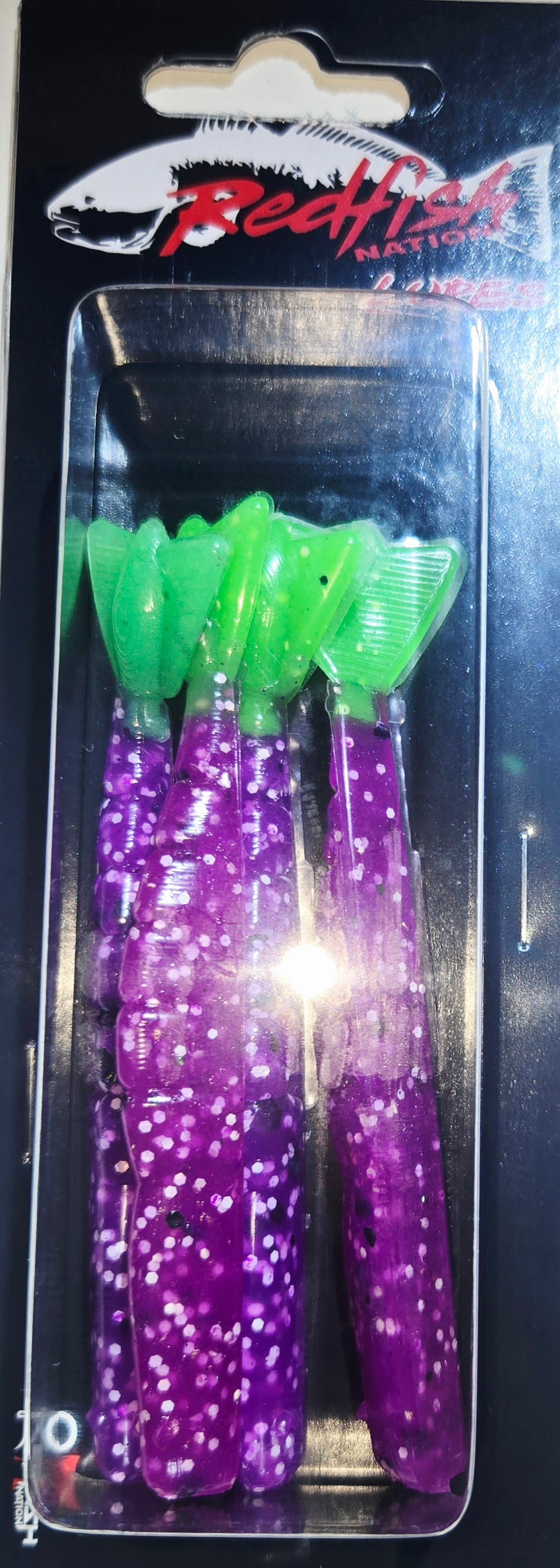 Redfish Nation 4" Shrimp Tail Soft Plastic Lure - POX - Purple - Green Tail