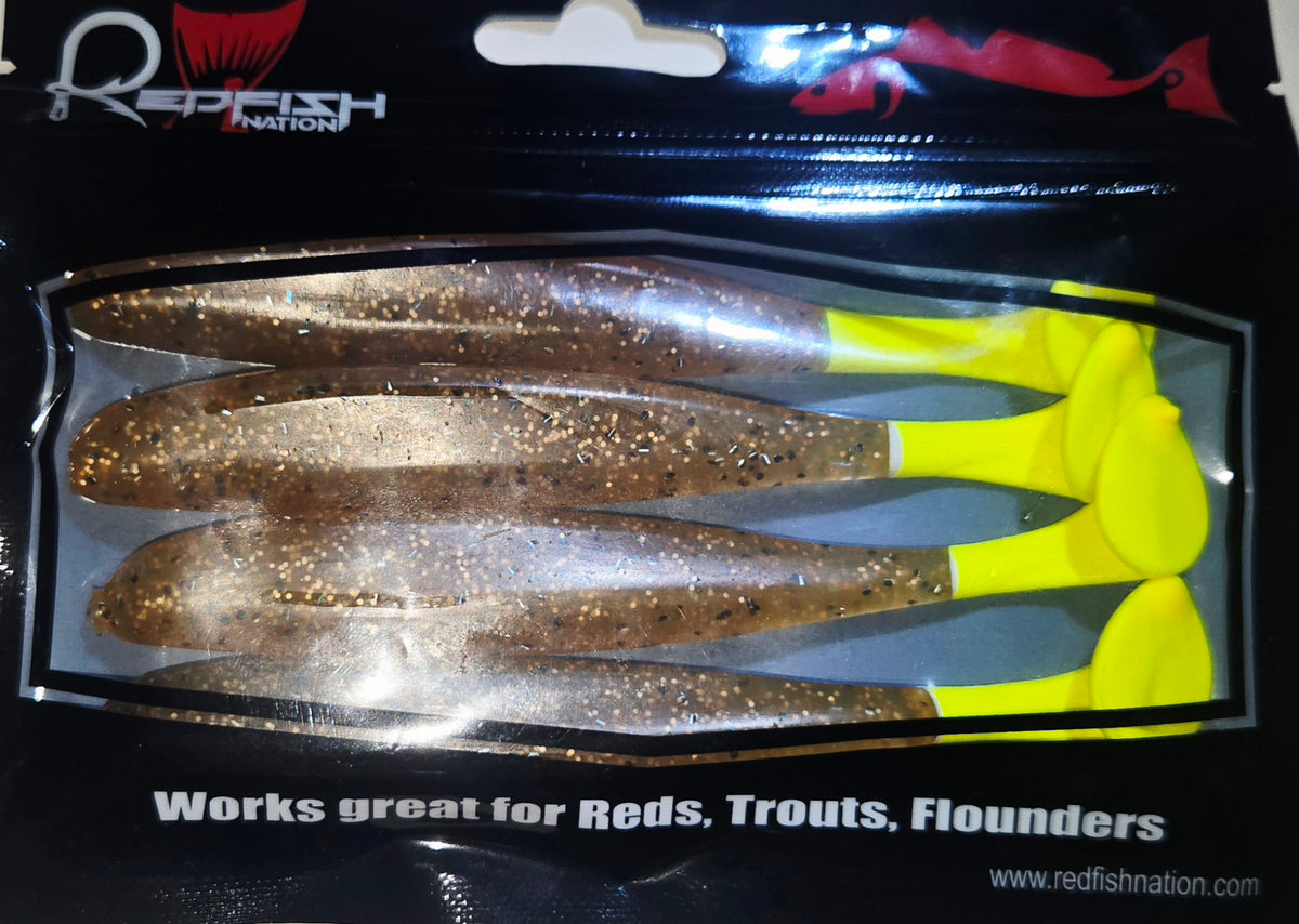 Soft Plastic Paddle Tail Lures 4 3/4" - Slim Shady - POX - Brown / Chartreuse Tail