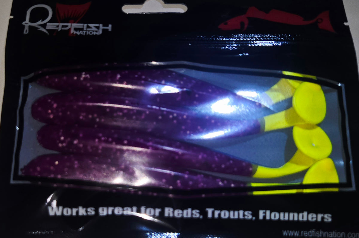 Soft Plastic Paddle Tail Lures 4 3/4" Slim Shady - POX - Purple = Chartreuse Tail