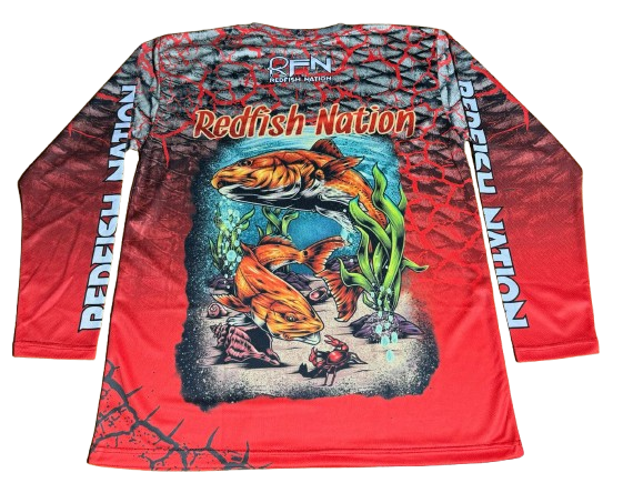 Redfish Nation Performance Fishing Shirt Red Feeding 1024