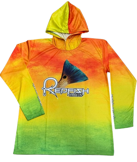 Redfish Nation Hooded Performance Orange/Yellow/Green Redfish Shirt