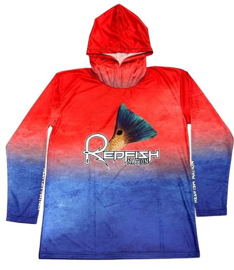Redfish Nation Hooded Performance Red/Blue Redfish Shirt