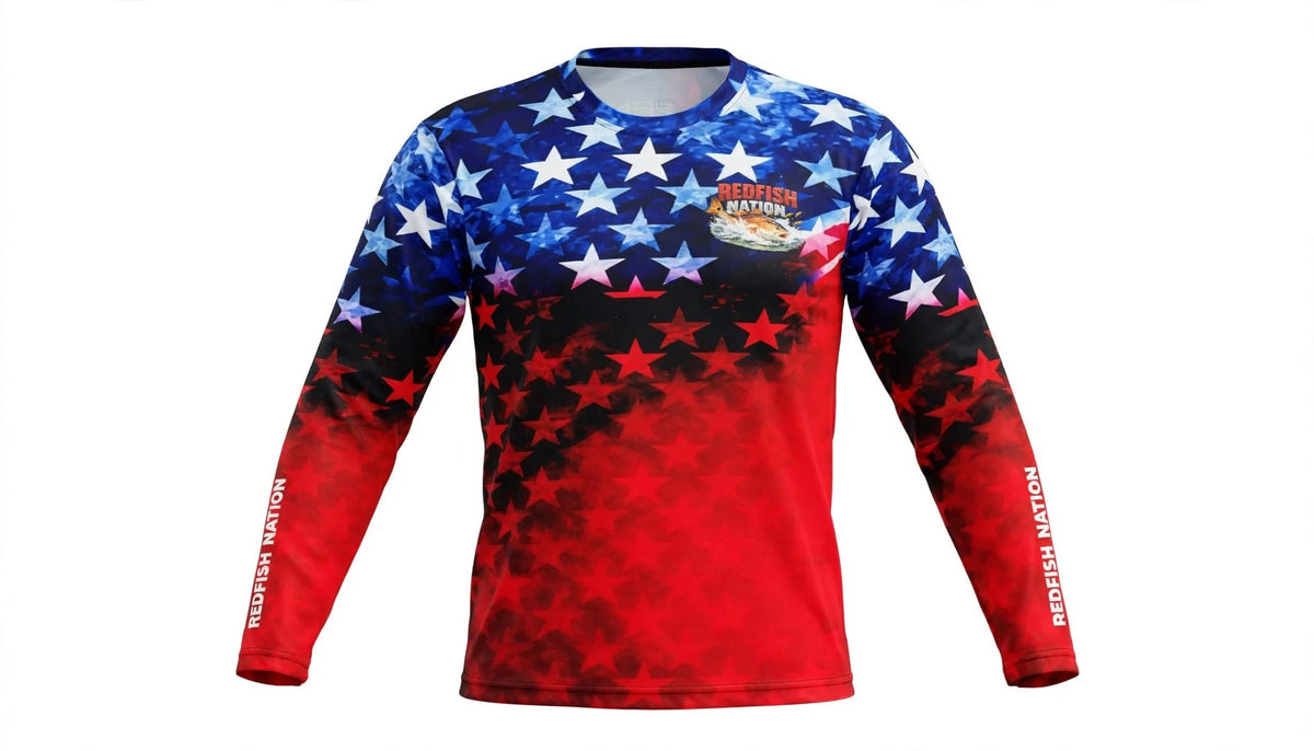 Redfish Nation Performance Red/Blue Stars Fishing Shirt