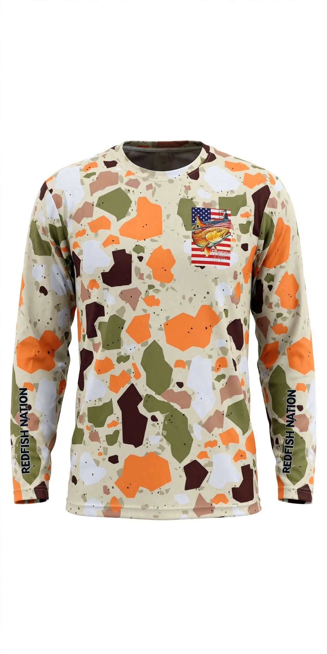 Redfish Nation Performance Splat Camo Orange Fishing Shirt