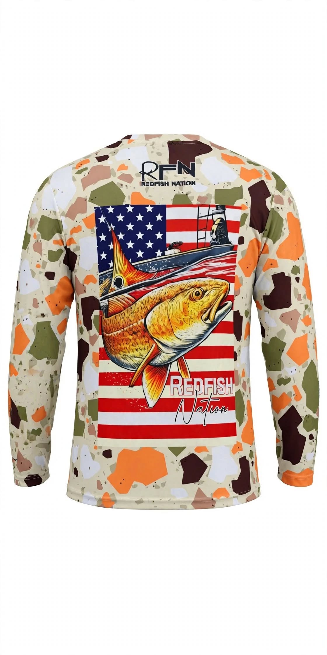 Redfish Nation Performance Splat Camo Orange Fishing Shirt