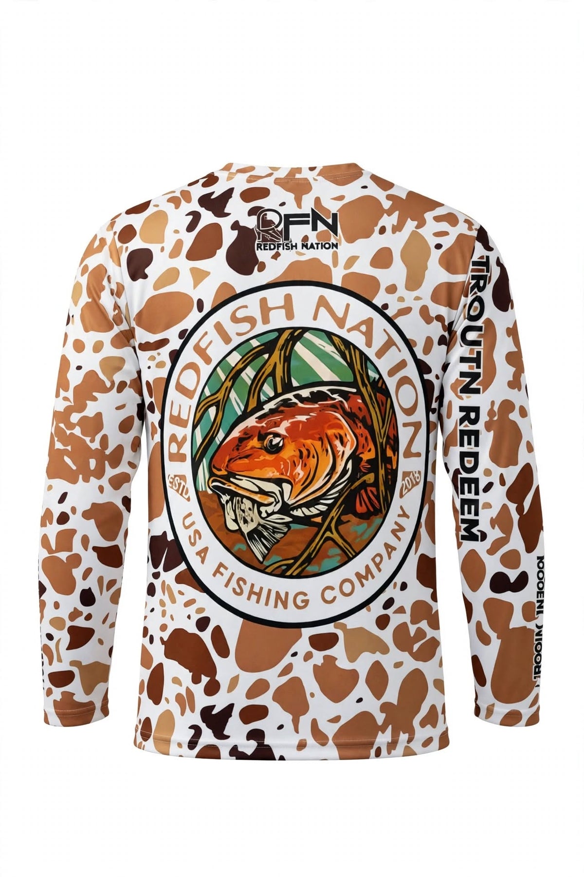 Redfish Nation Performance Splat Camo Brown Fishing Shirt