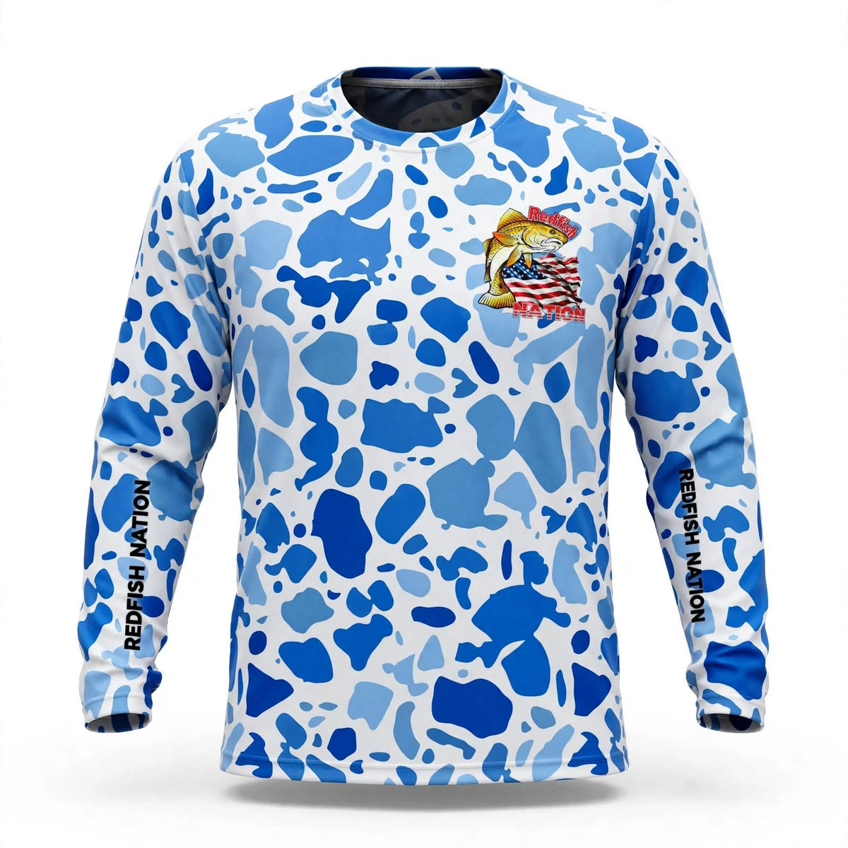 Redfish Nation Performance Blue Splat Camo Fishing Shirt