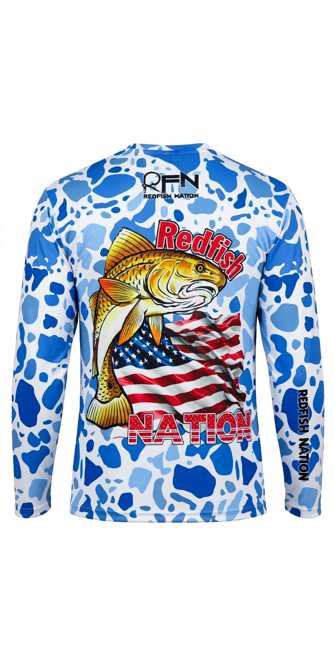 Redfish Nation Performance Blue Splat Camo Fishing Shirt