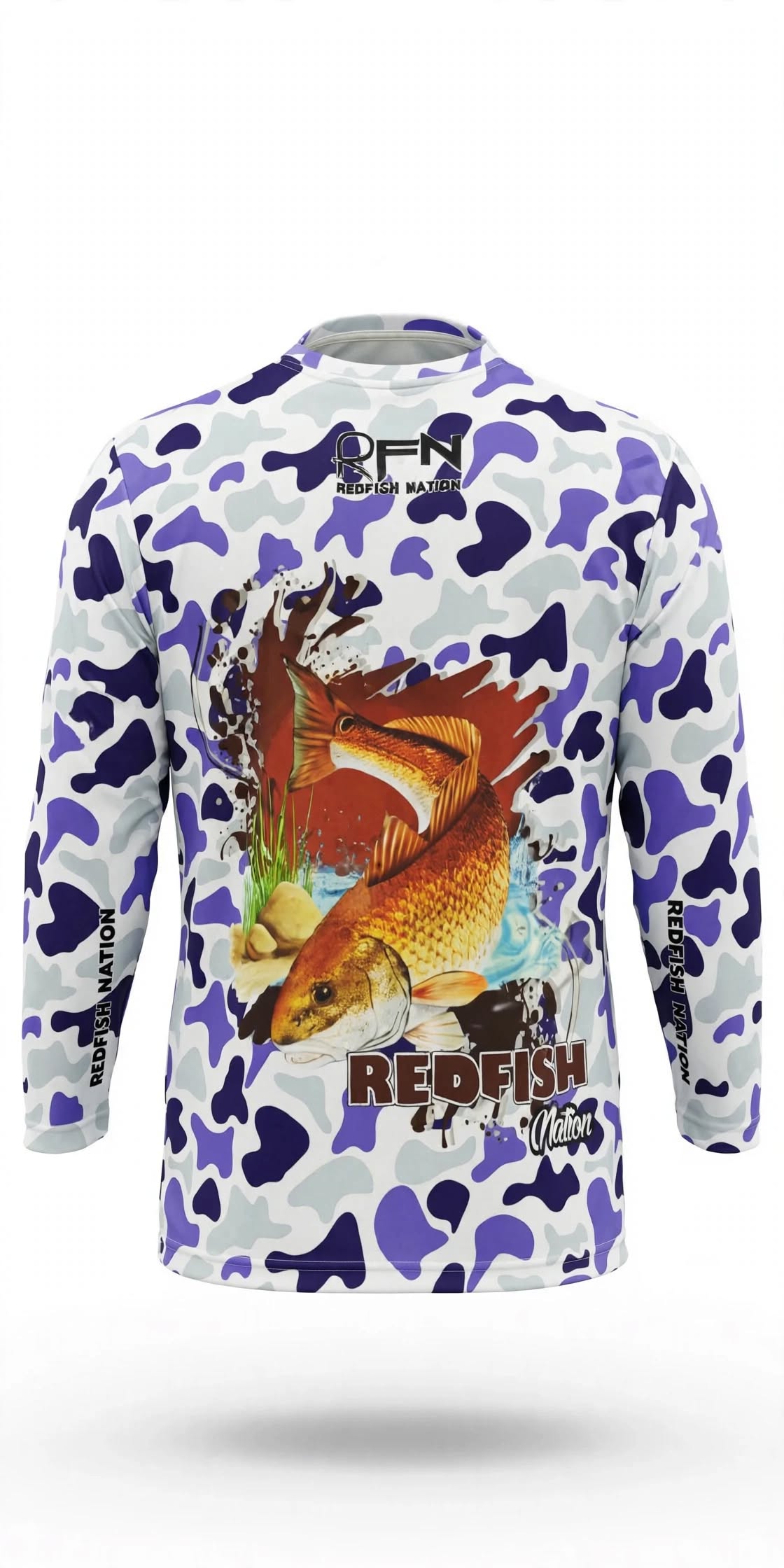 Redfish Nation Performance Standard Camo Purple Fishing Shirt