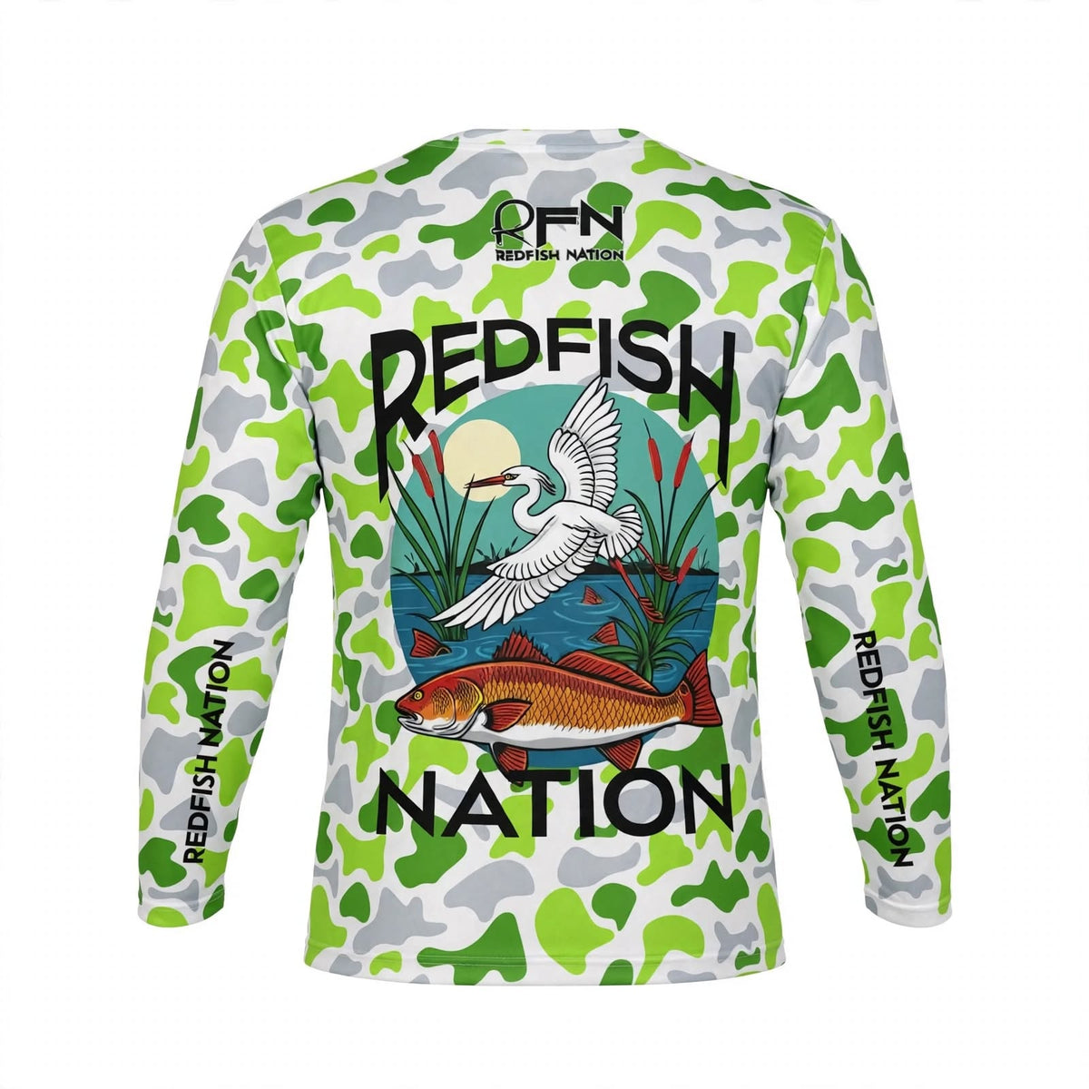 Redfish Nation Performance Standard Camo Lime Green Fishing Shirt