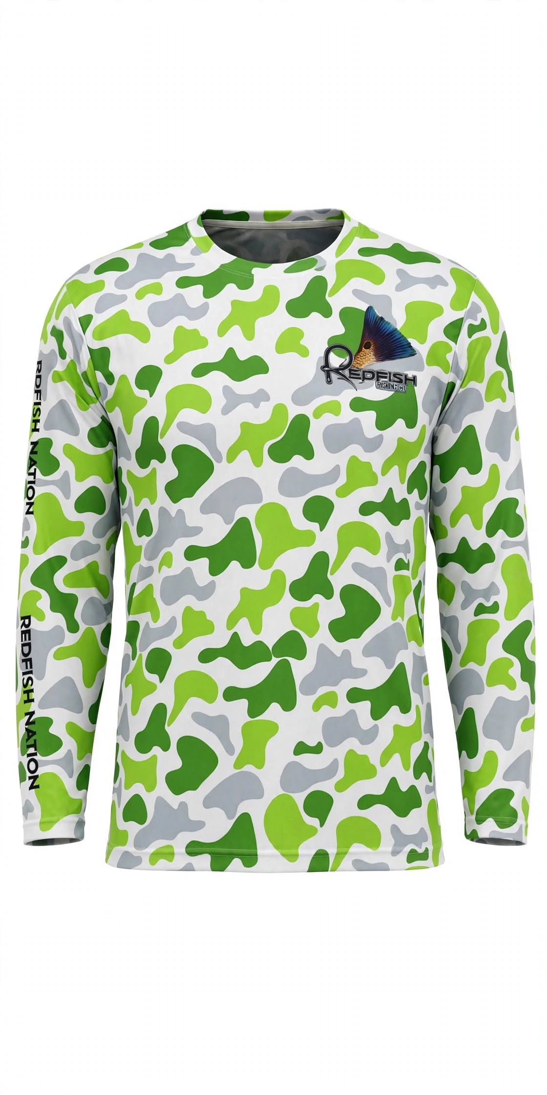 Redfish Nation Performance Standard Camo Lime Green Fishing Shirt