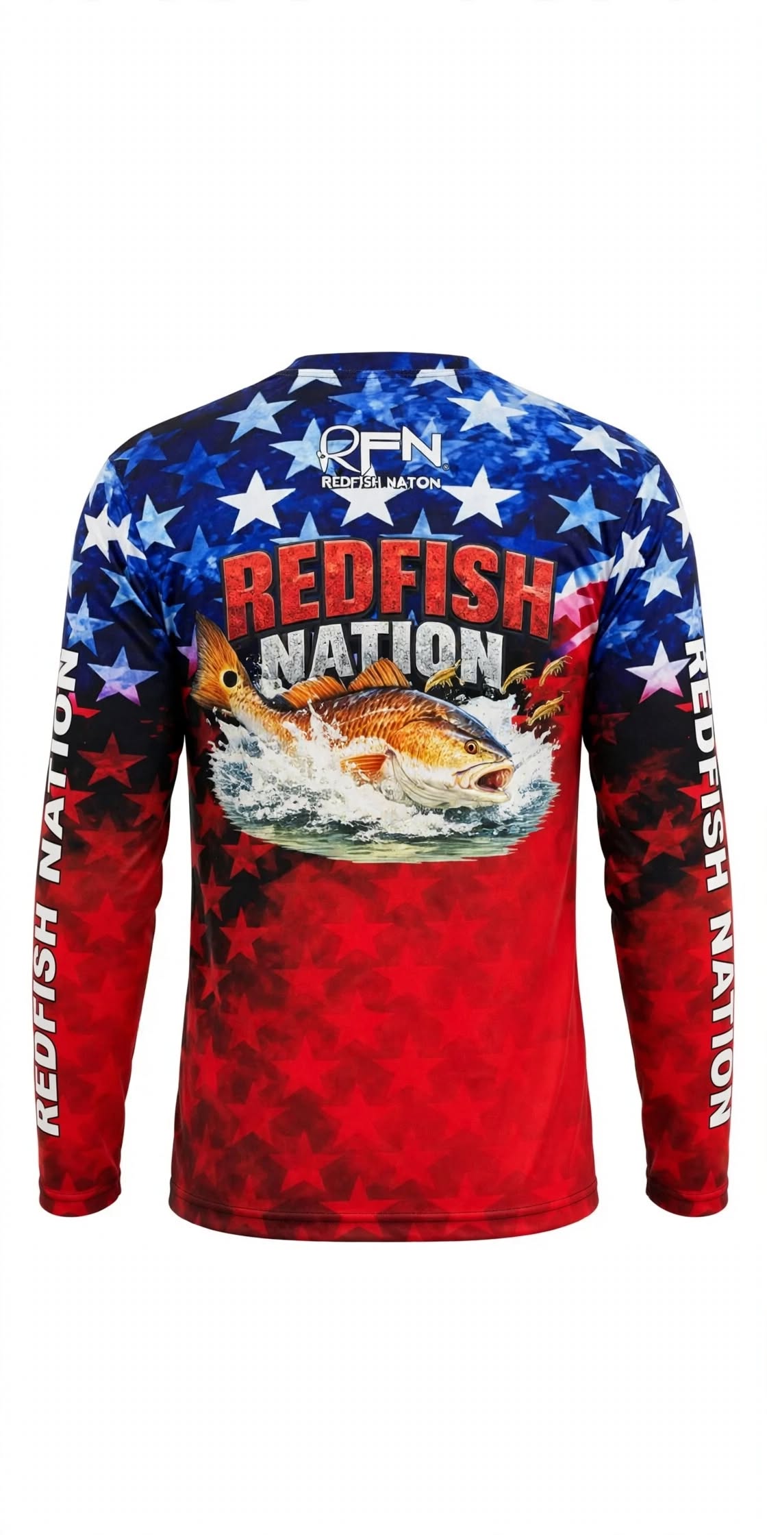 Redfish Nation Performance Red/Blue Stars Fishing Shirt