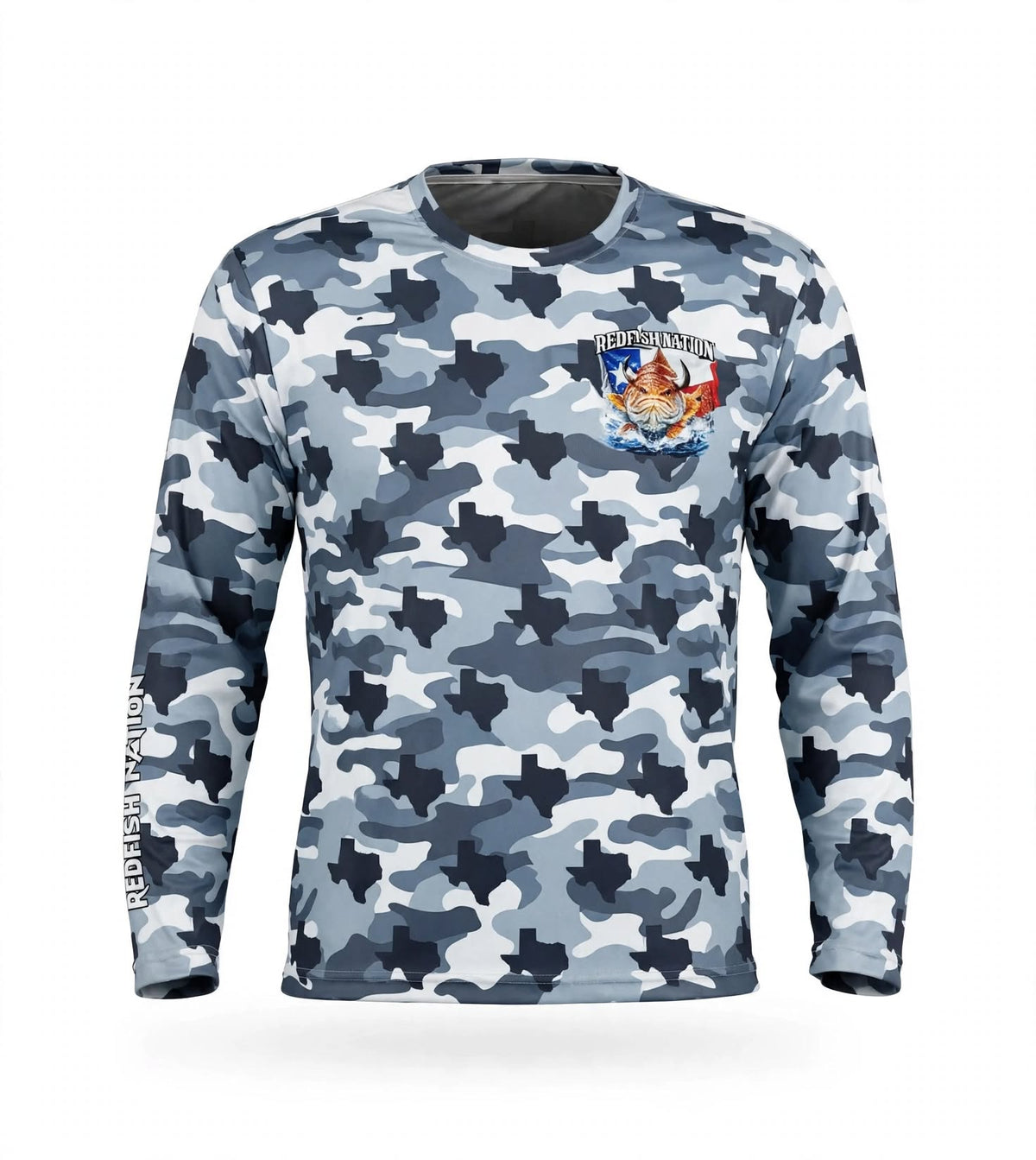 Redfish Nation Performance Texas Camo Bull Red Fishing Shirt