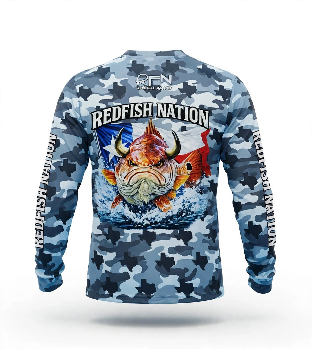 Redfish Nation Performance Texas Camo Bull Red Fishing Shirt