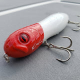 4\" Double Knocker Red/White Top Water Lure - Close-Up Epoxy Finish and Treble Hook Detail
