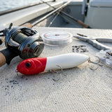 4\" Double Knocker Red/White Top Water Lure - Angler Hand Scale and Saltwater Rigging