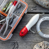 4\" Double Knocker Red/White Top Water Lure - Tackle Box Flat Lay View