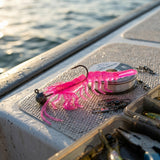 Realistic 4 1/4\" Rattling UV Plastic Shrimp in Atomic Pink rigged on boat deck