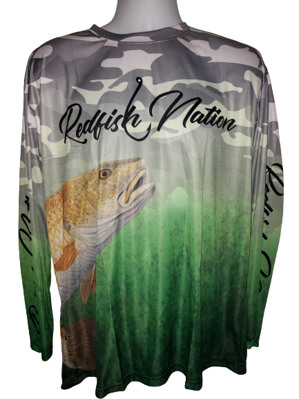 Redfish Nation Performance Grey Camo - Green Bottom Long Sleeve Shirt