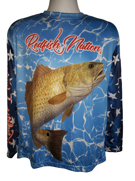 Redfish Nation Performance Long Sleeve Shirt - Water/ Stars strips sleeves