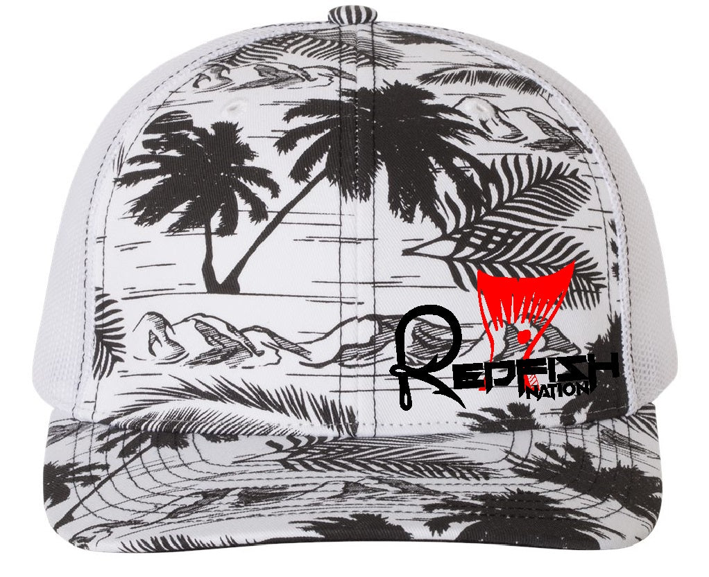 Redfish Nation Logo Trucker Cap - Palm Trees Black