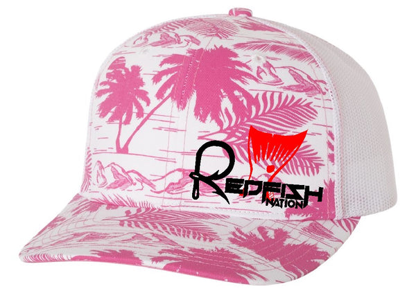 Redfish Nation Logo Trucker Cap - Palm Trees PINK