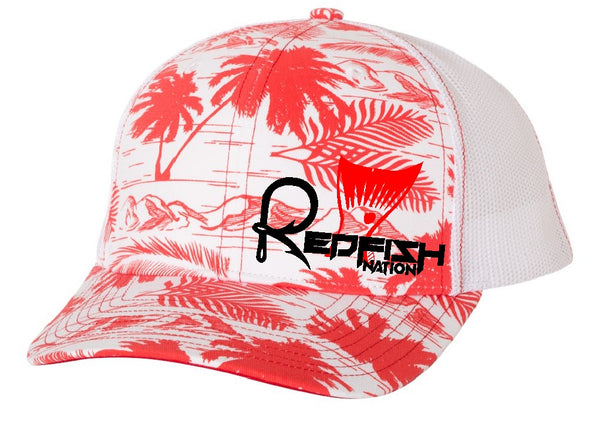 Redfish Nation Logo Trucker Cap - Palm Trees RED
