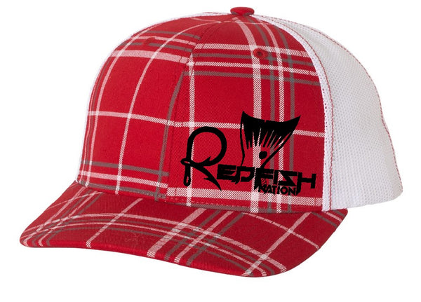Redfish Nation Logo Trucker Cap - Plaid Red