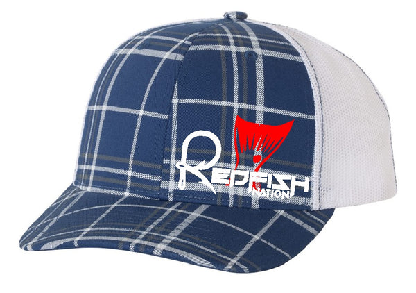 Redfish Nation Logo Trucker Cap - Plaid Royal Blue