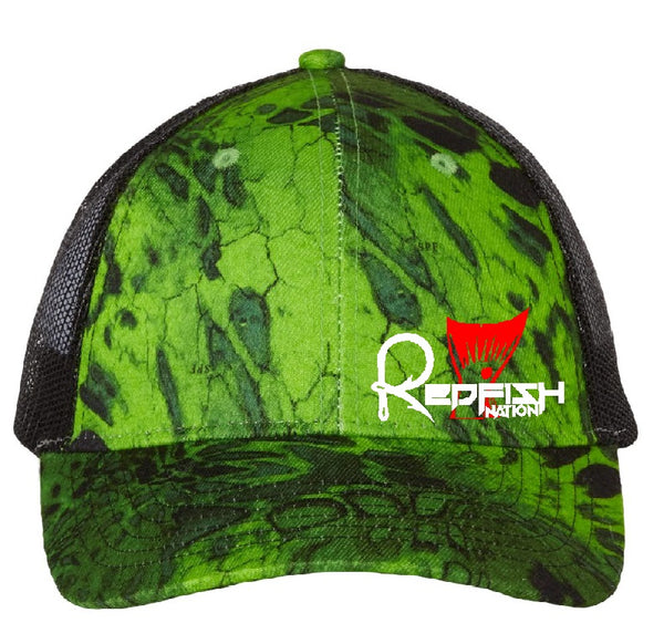Redfish Nation Logo Trucker Cap - Lime Green Camo